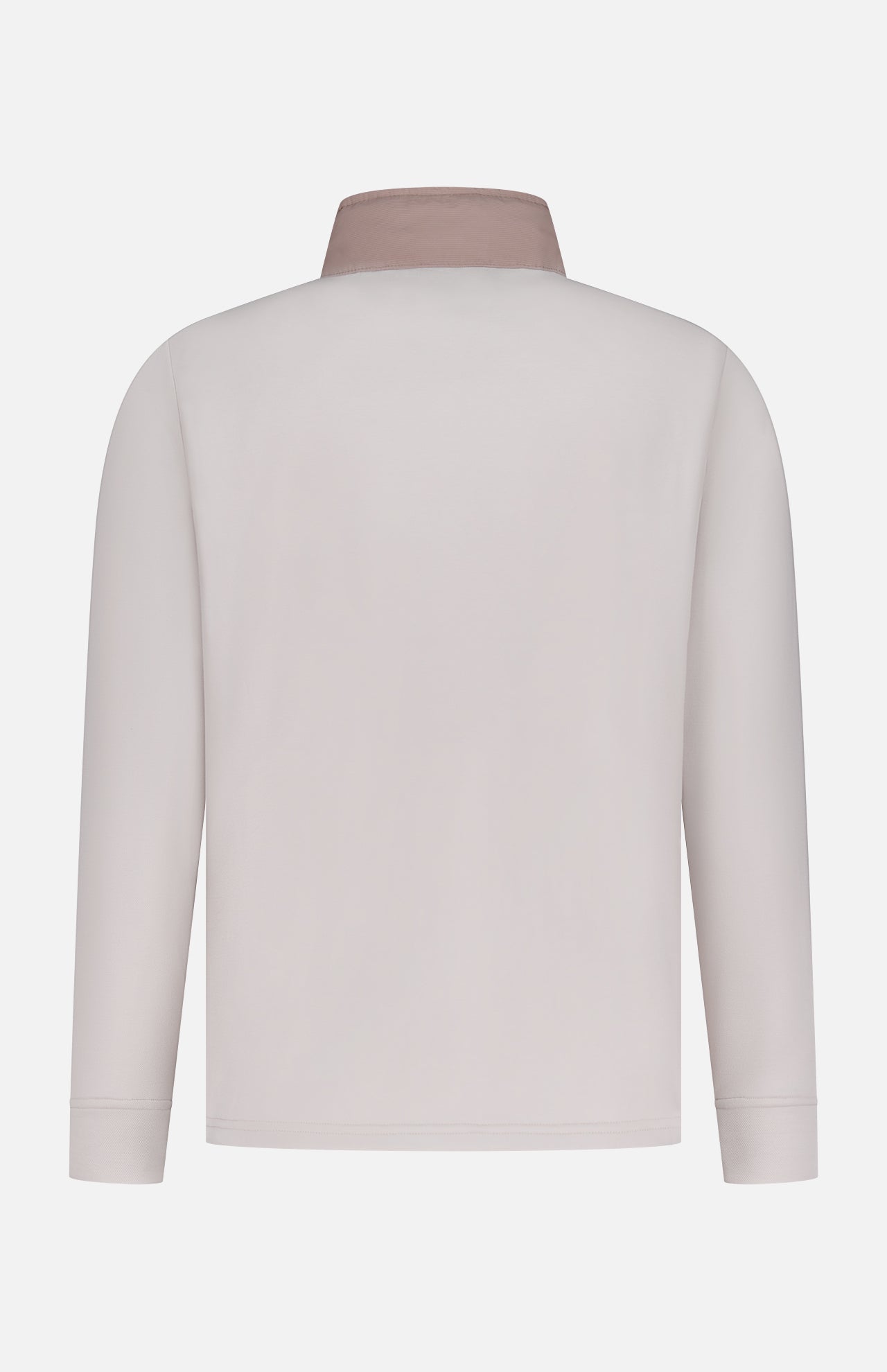 Back view of the PETER MILLAR Winsome Hybrid Jacket, featuring long sleeves and a light beige body with a contrasting taupe collar, shown against a plain white background.