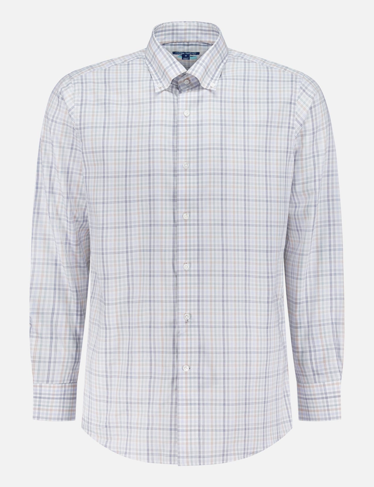 The PETER MILLAR Orvieto Cotton Sport Shirt is a soft, long-sleeved plaid button-up with a collar, showcasing a light blue and beige pattern on white. It's displayed on a plain white surface.