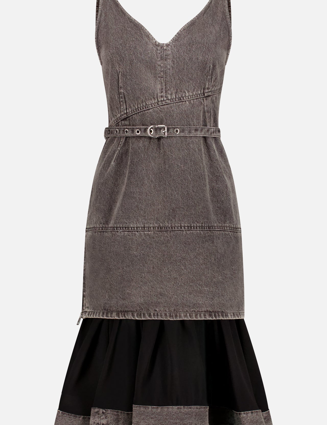 The 3.1 PHILLIP LIM Belted Denim Dress with Flouncy Sheer Hem features a sleeveless, grey-washed design with a V-neckline, belted waist, black sheer hem, fitted top, flared skirt, and visible stitching on a plain white background.