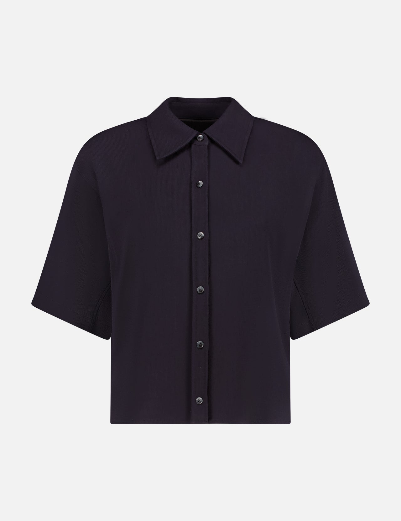 The 3.1 PHILLIP LIM Boxy Short Sleeve Wool Shirt features a navy hue, boxy silhouette, pointed collar, and button-front closure, shown against a plain white background.
