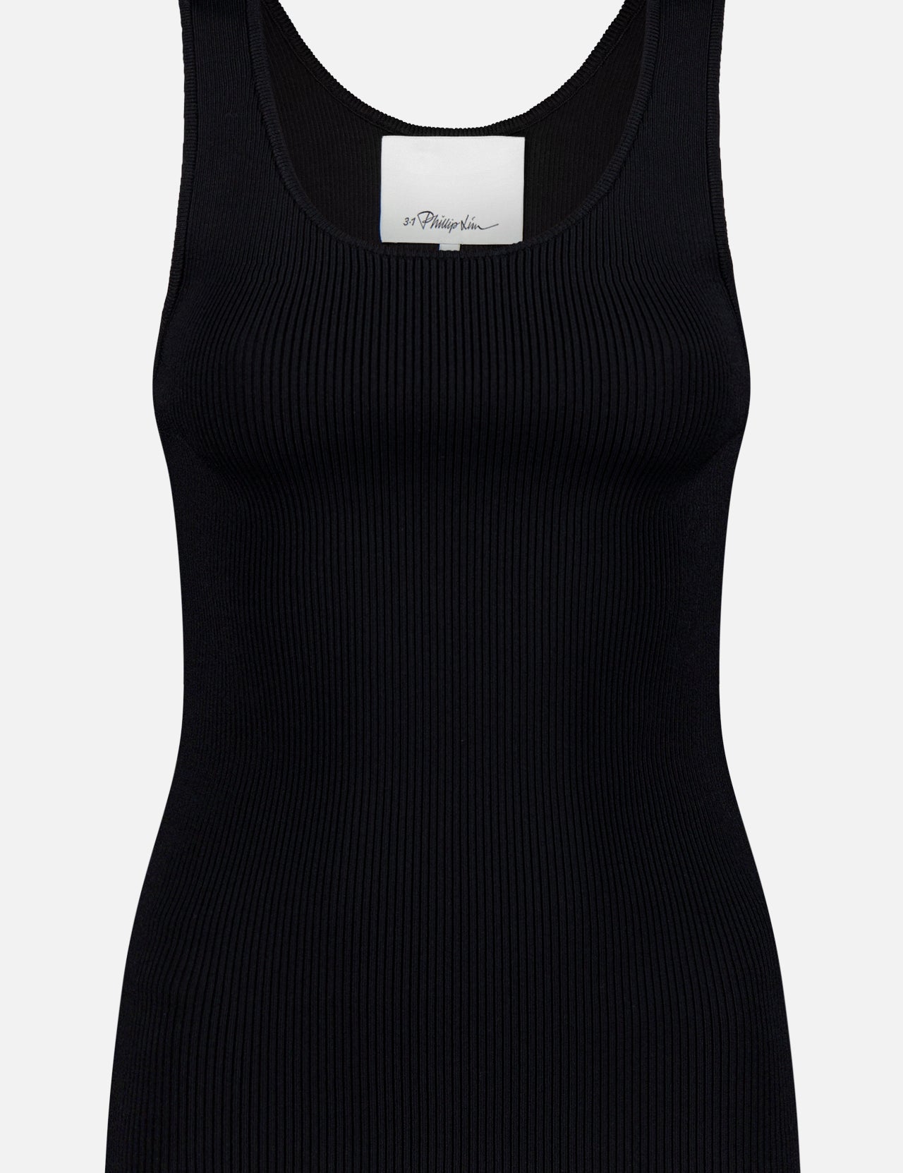 The 3.1 PHILLIP LIM Compact Rib Layering Tank Top is a slim fit, sleeveless black viscose rib tank with a scoop neckline, shown against a white background.