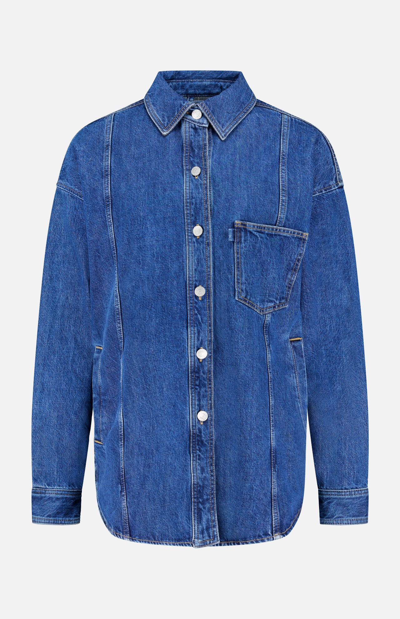 The 3.1 PHILLIP LIM Oversized Denim Shirt Jacket features long sleeves, white buttons, a left chest pocket, and seam detailing, shown against a plain light background.