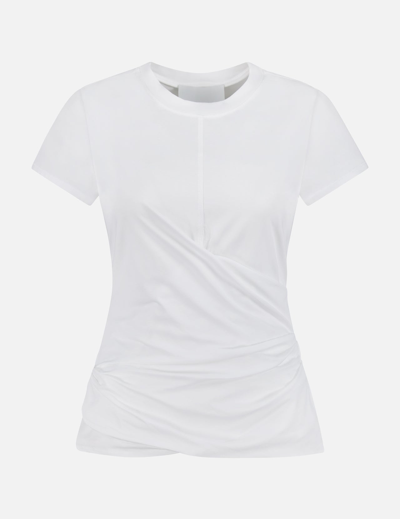 The 3.1 PHILLIP LIM Draped Short Sleeve T-Shirt is a women’s plain white cotton jersey tee with a classic crew neck and subtle side gather, shown on a white background.