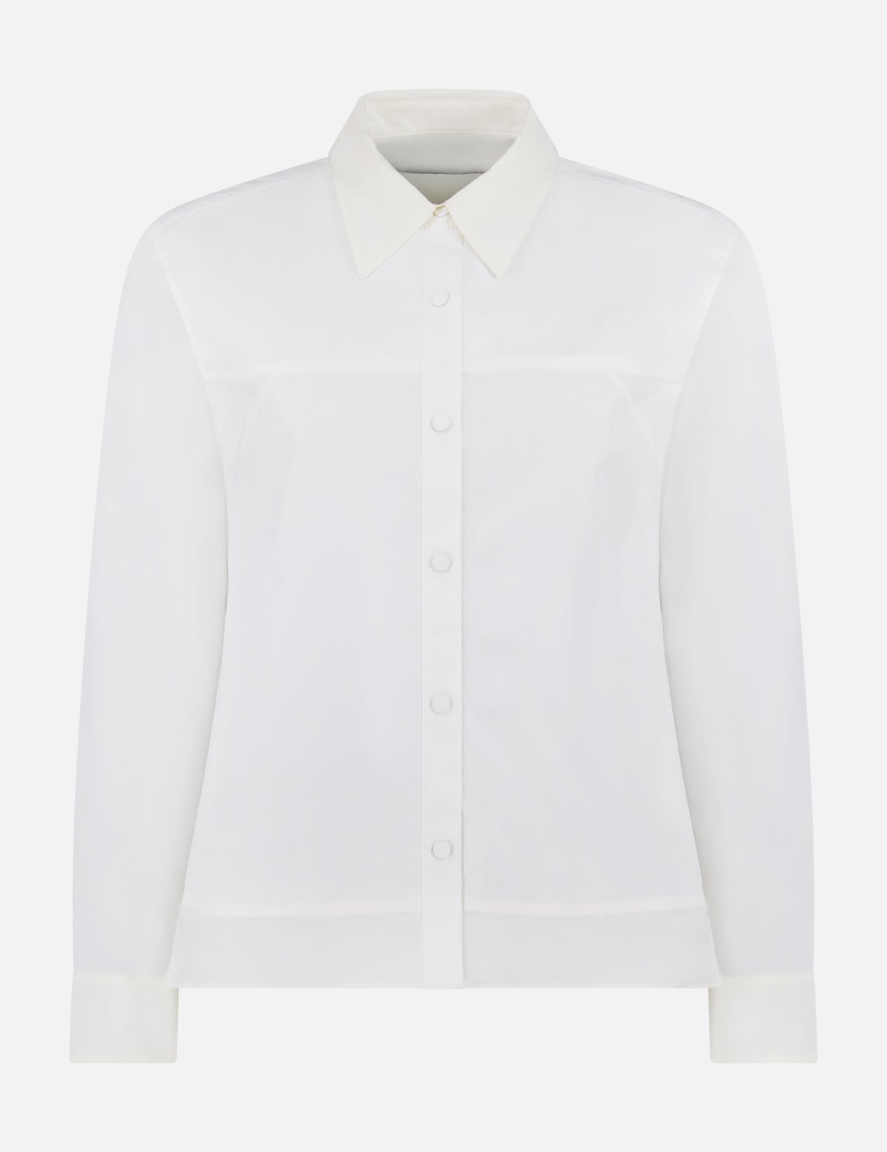 The 3.1 PHILLIP LIM Long Sleeve A-line Shirt features a pointed collar and cuffs—a stylish white button-up ideal for office wear, displayed on a plain background.