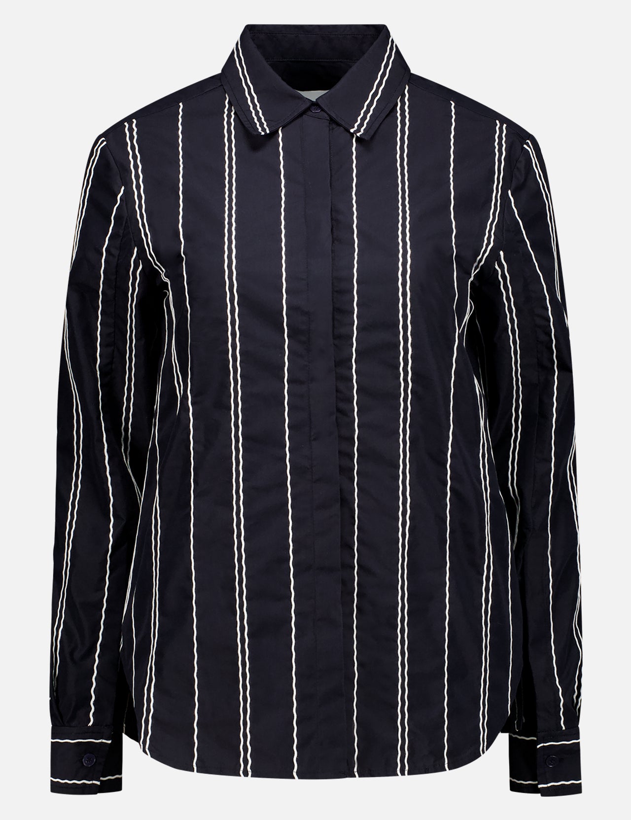The 3.1 PHILLIP LIM Long Sleeve Wave Stitch Shirt features black fabric with vertical white stripes, a pointed collar, buttoned cuffs, and a cotton-polyester blend, displayed on a plain background.