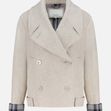 The 3.1 PHILLIP LIM Recycled Wool Peacoat with Plaid Combo is a beige, double-breasted cropped coat with wide lapels, cuffed plaid sleeves, and two front pockets, made from Italian recycled wool and shown against a white background.