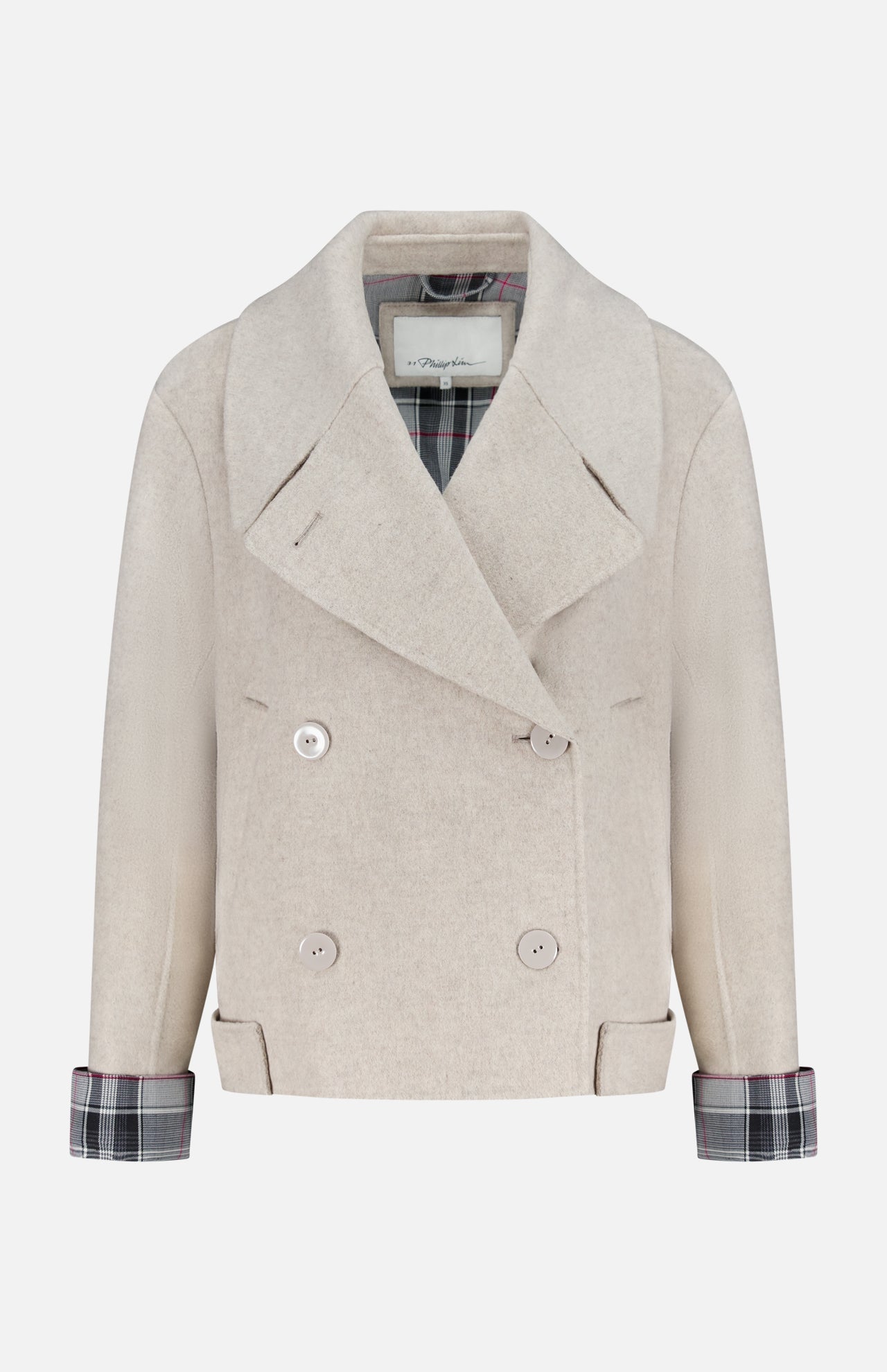 The 3.1 PHILLIP LIM Recycled Wool Peacoat with Plaid Combo is a beige, double-breasted cropped coat with wide lapels, cuffed plaid sleeves, and two front pockets, made from Italian recycled wool and shown against a white background.