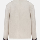 Back view of the 3.1 PHILLIP LIM Recycled Wool Peacoat with Plaid Combo, featuring pale grey Italian recycled wool, a straight cut, long sleeves, plaid fabric on turned-up cuffs, a collar, and no visible fastenings or embellishments.