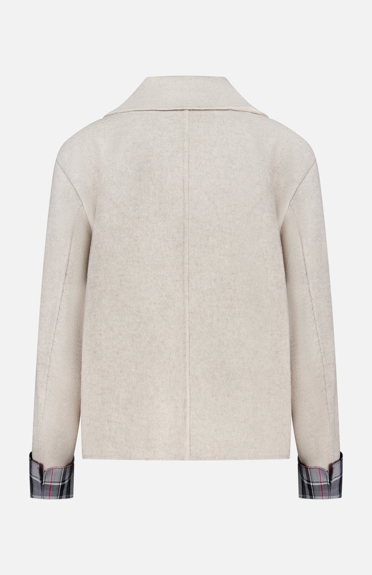 Back view of the 3.1 PHILLIP LIM Recycled Wool Peacoat with Plaid Combo, featuring pale grey Italian recycled wool, a straight cut, long sleeves, plaid fabric on turned-up cuffs, a collar, and no visible fastenings or embellishments.