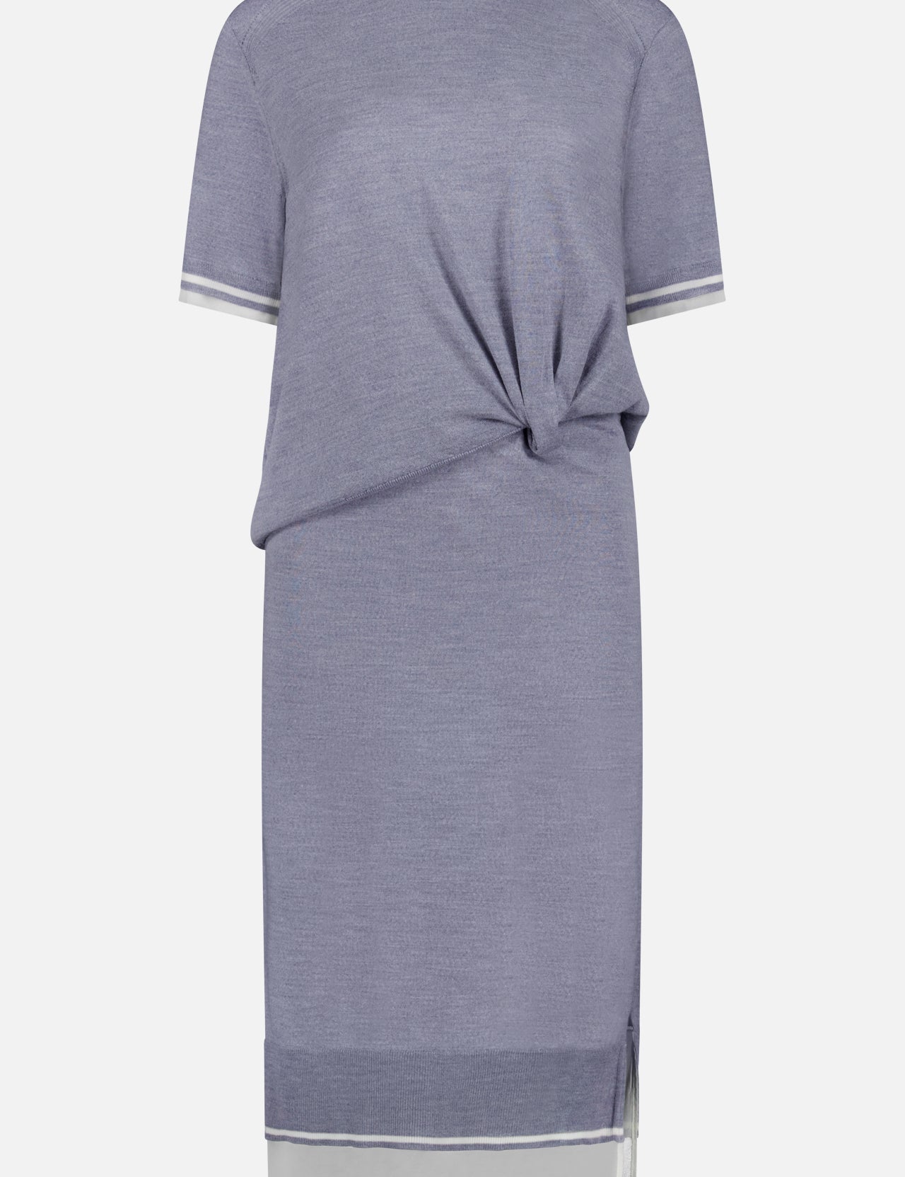 The 3.1 PHILLIP LIM Short Sleeve Draped Knit Midi Dress is a knee-length wool dress in soft lavender with white sleeve and hem trim, featuring a draped detail, side waist knot, and a small bottom slit.