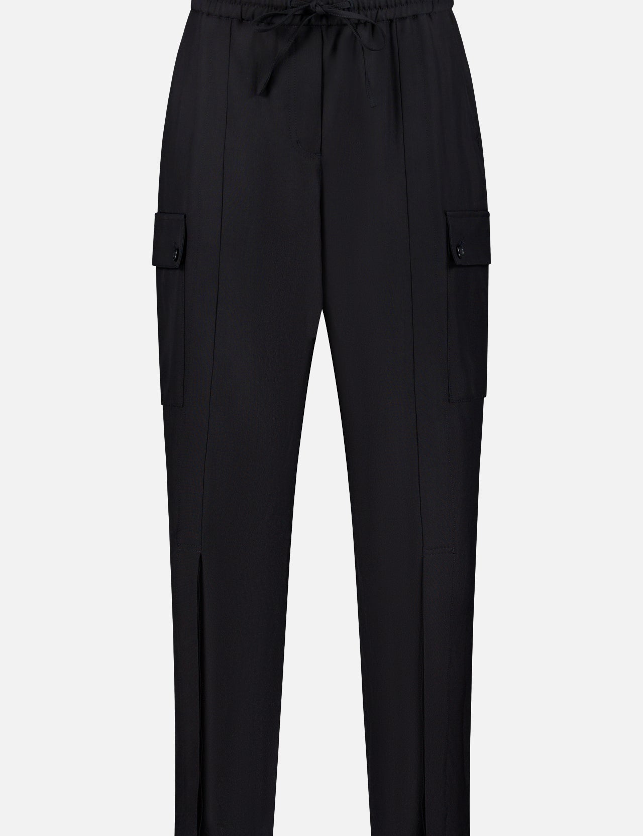 The 3.1 PHILLIP LIM Tapered Pull On Cargo Pant features a high-rise elastic waistband, drawstring tie, side flap pockets with buttons, and front hem slits, shown against a plain white background.