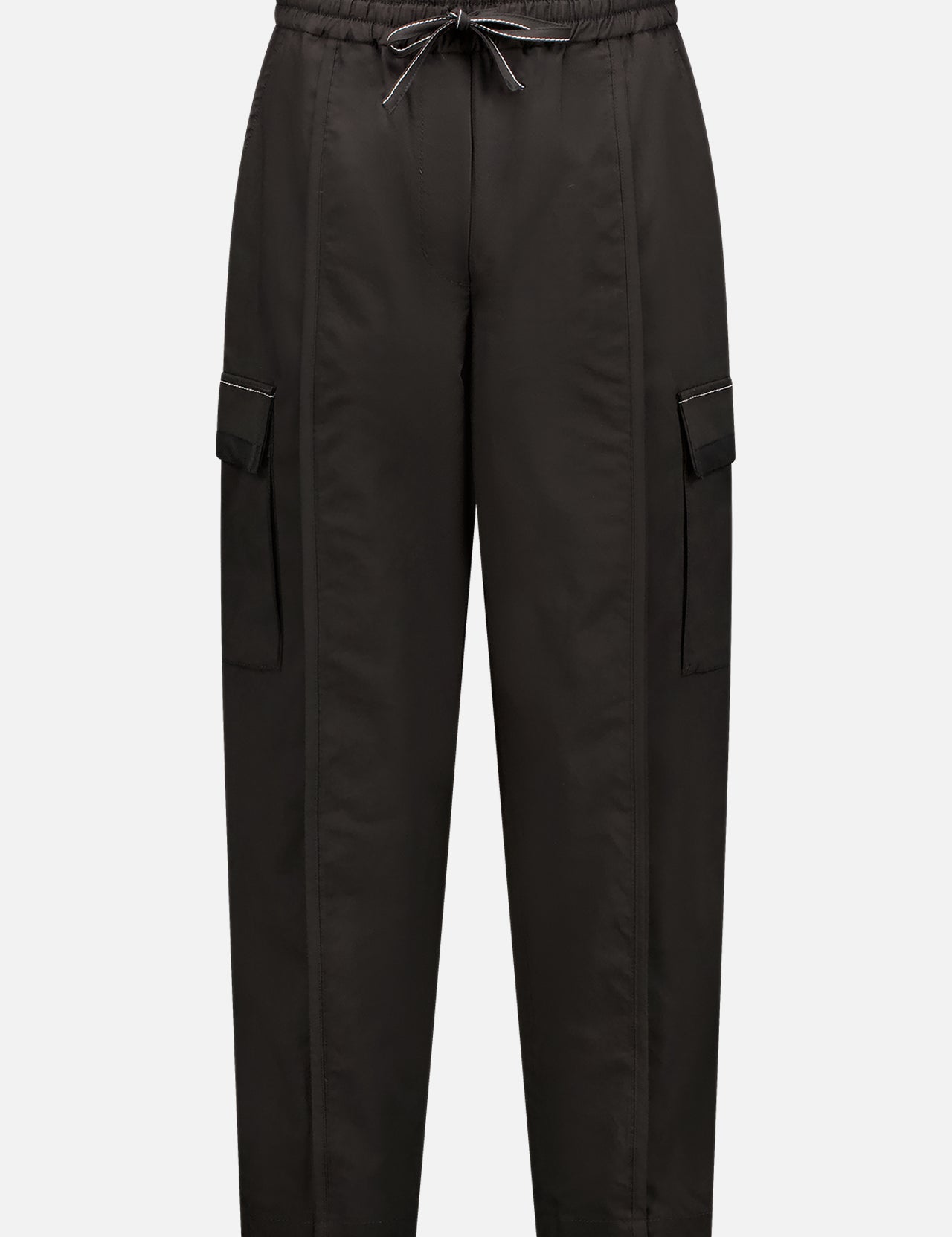 The Utility Cargo Banana Pant by 3.1 PHILLIP LIM is crafted from an Italian viscose-cotton blend, featuring a relaxed fit, straight legs, elastic drawstring waist, side pockets, and flap thigh pockets for versatile workwear style.