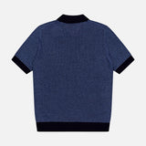 The PIACENZA 1/4 Zip Knit Polo Shirt features short sleeves, a silk-cotton blend with a subtle dotted pattern, black collar and cuffs, shown flat on a white background to display the back.
