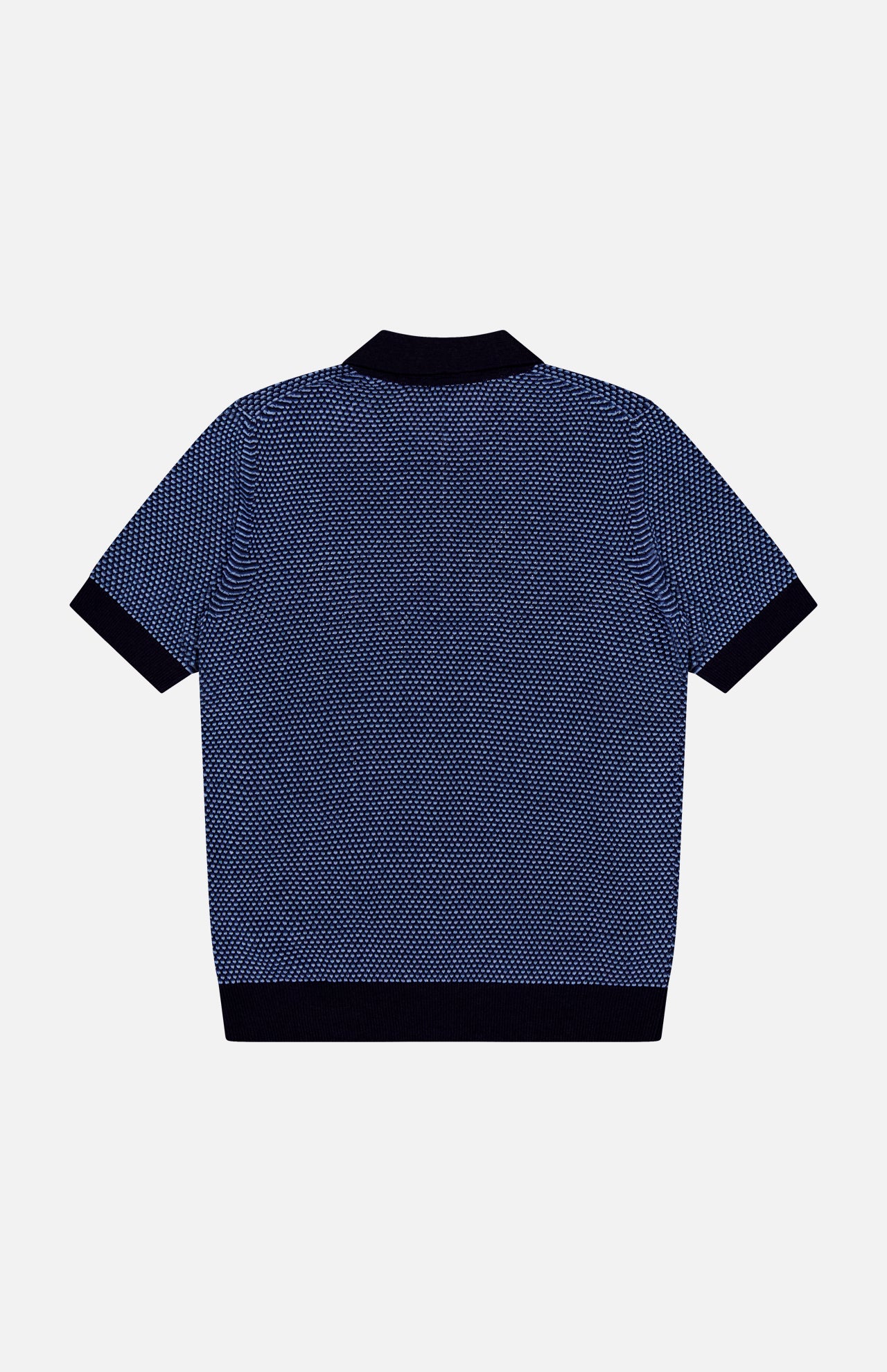 The PIACENZA 1/4 Zip Knit Polo Shirt features short sleeves, a silk-cotton blend with a subtle dotted pattern, black collar and cuffs, shown flat on a white background to display the back.
