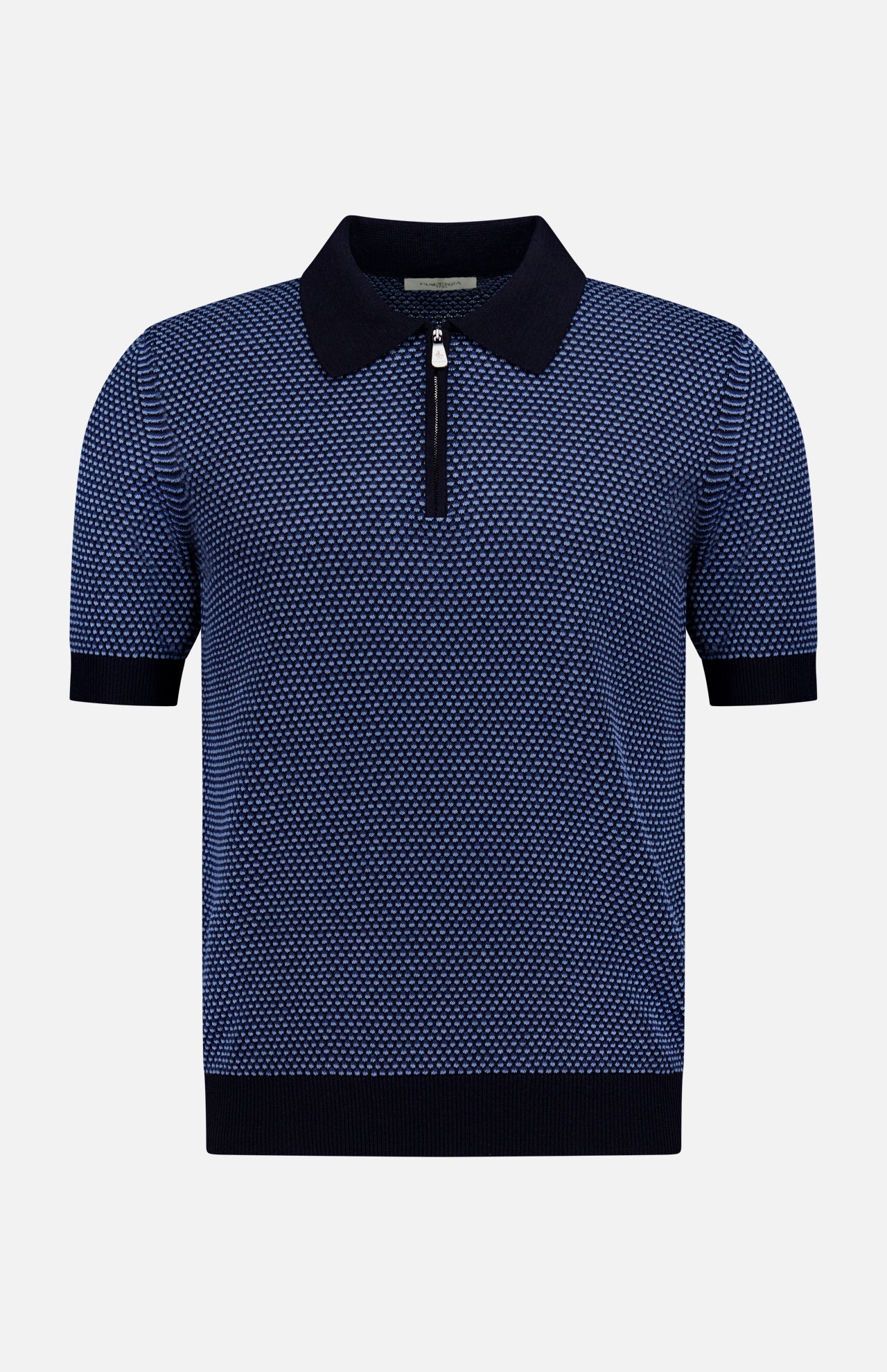 The PIACENZA 1/4 Zip Knit Polo Shirt is a men's designer short-sleeve navy polo with a textured pattern, black collar, cuffs, and waistband, finished with a stylish short zipper at the center of the collar.