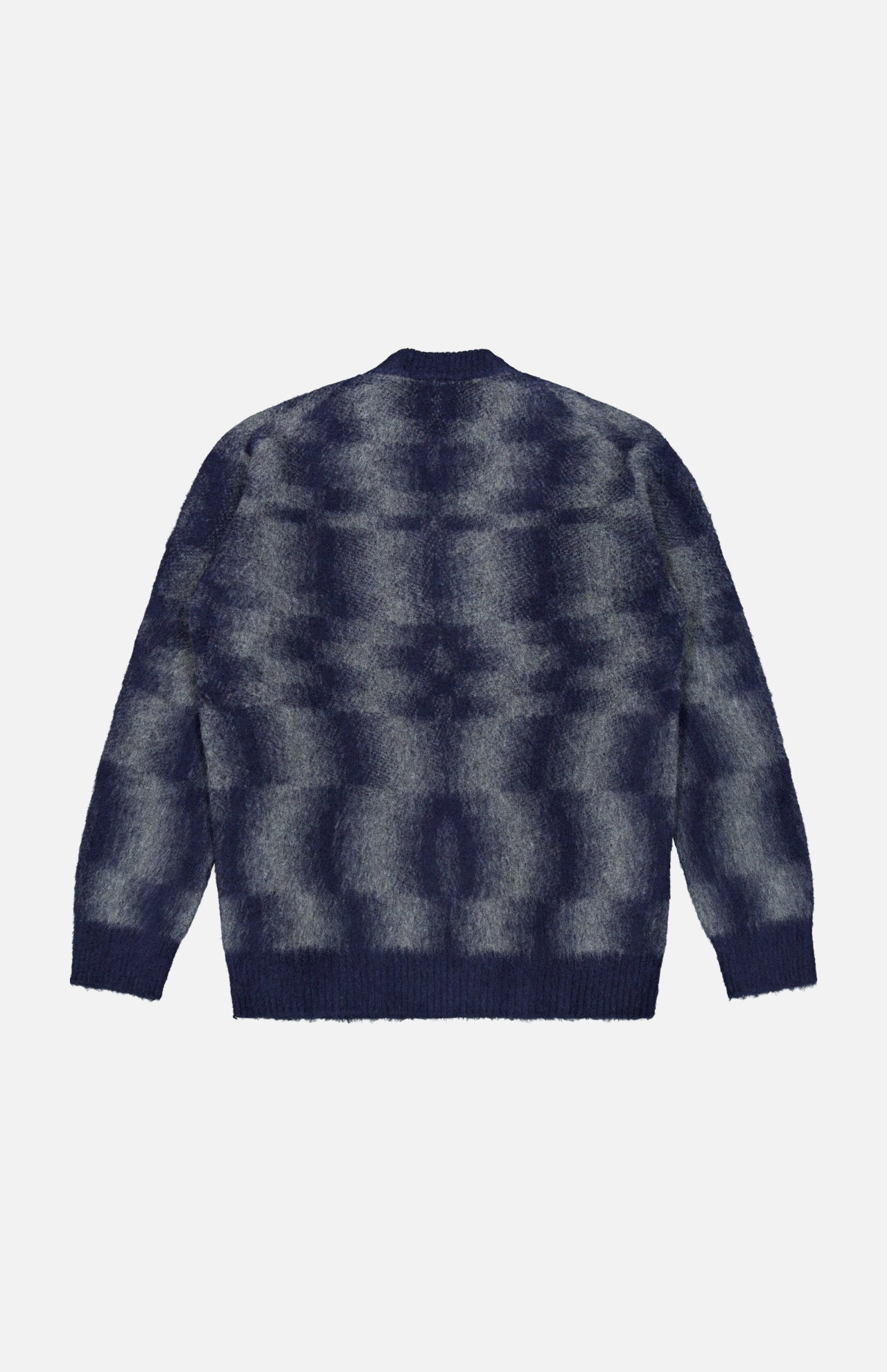 The PIACENZA Combed Pixel Stripe Crewneck Sweater is a fuzzy, long-sleeve blue virgin wool knit with dark blue and gray pixelated stripes, shown flat, back view on a white background.