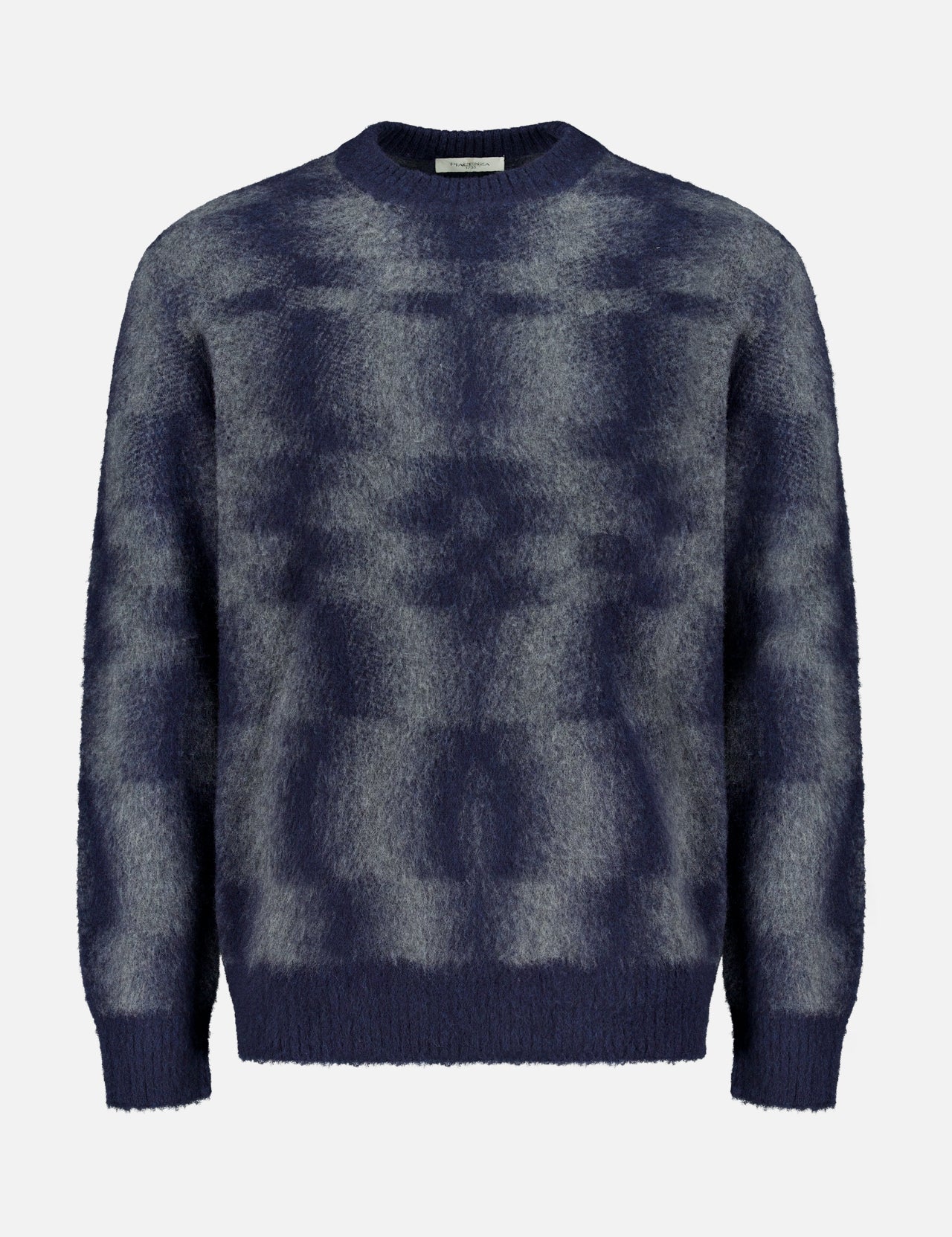 The PIACENZA Combed Pixel Stripe Crewneck Sweater is a fuzzy, long-sleeved navy sweater in virgin wool with a gray pixelated pattern, crew neckline, and ribbed cuffs and hem.