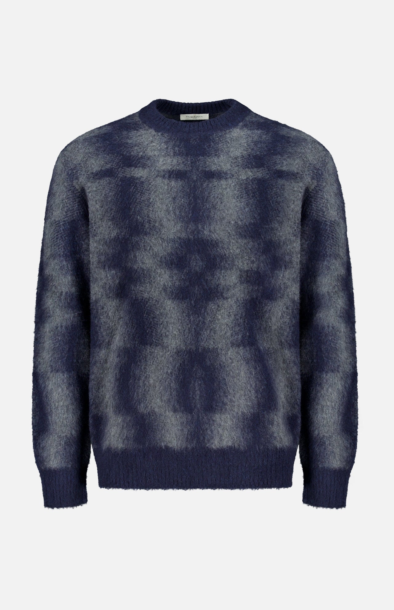 The PIACENZA Combed Pixel Stripe Crewneck Sweater is a fuzzy, long-sleeved navy sweater in virgin wool with a gray pixelated pattern, crew neckline, and ribbed cuffs and hem.