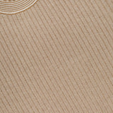 Close-up of the PIACENZA Crewneck Short Sleeve Knit Sweater in tan silk cotton, featuring rib-knit texture, round neckline, detailed craftsmanship, and a visible label near the collar. Expertly made in Italy.