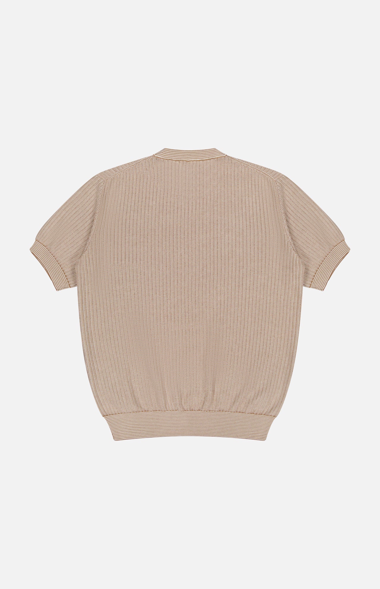 The PIACENZA Crewneck Short Sleeve Knit Sweater in tan silk cotton, made in Italy, is shown laid flat from the back. It features a ribbed texture, crew neckline, and ribbed cuffs and hem.
