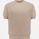 The PIACENZA Crewneck Short Sleeve Knit Sweater features a tan ribbed knit design with fitted hem and cuffs, crafted in Italy. Displayed on a plain white background.