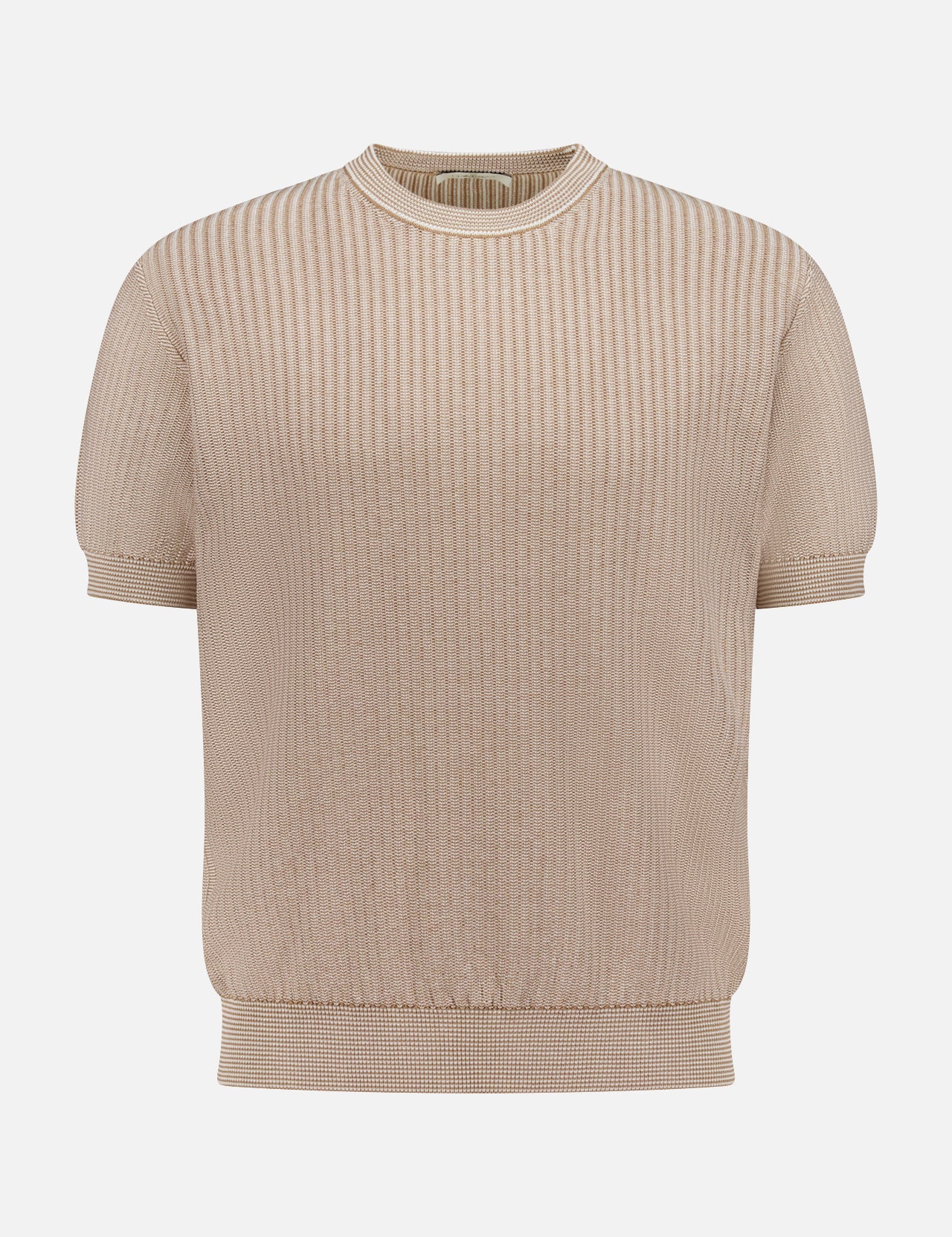 The PIACENZA Crewneck Short Sleeve Knit Sweater features a tan ribbed knit design with fitted hem and cuffs, crafted in Italy. Displayed on a plain white background.