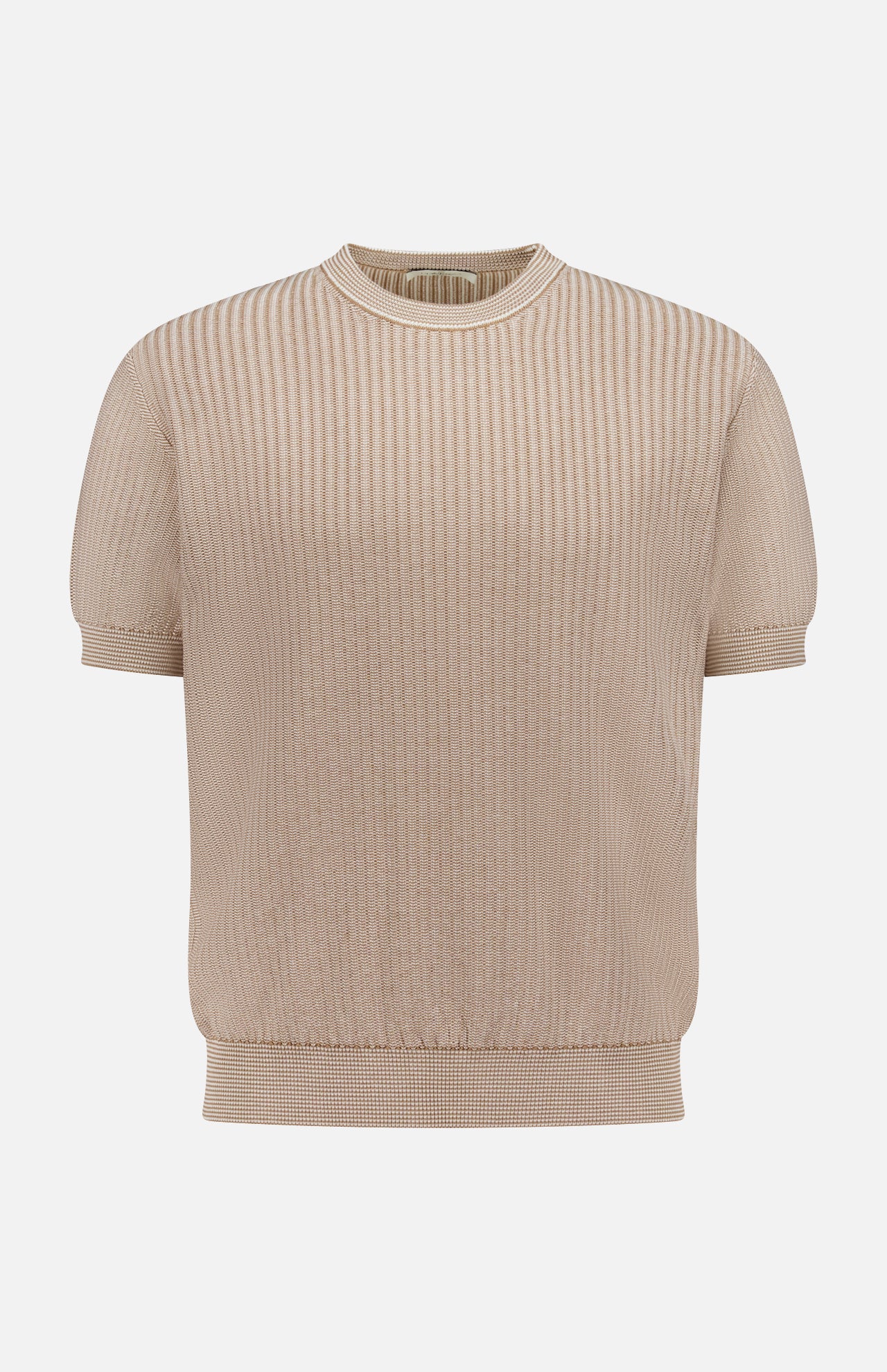 The PIACENZA Crewneck Short Sleeve Knit Sweater features a tan ribbed knit design with fitted hem and cuffs, crafted in Italy. Displayed on a plain white background.