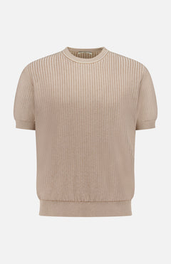 The PIACENZA Crewneck Short Sleeve Knit Sweater features a tan ribbed knit design with fitted hem and cuffs, crafted in Italy. Displayed on a plain white background.