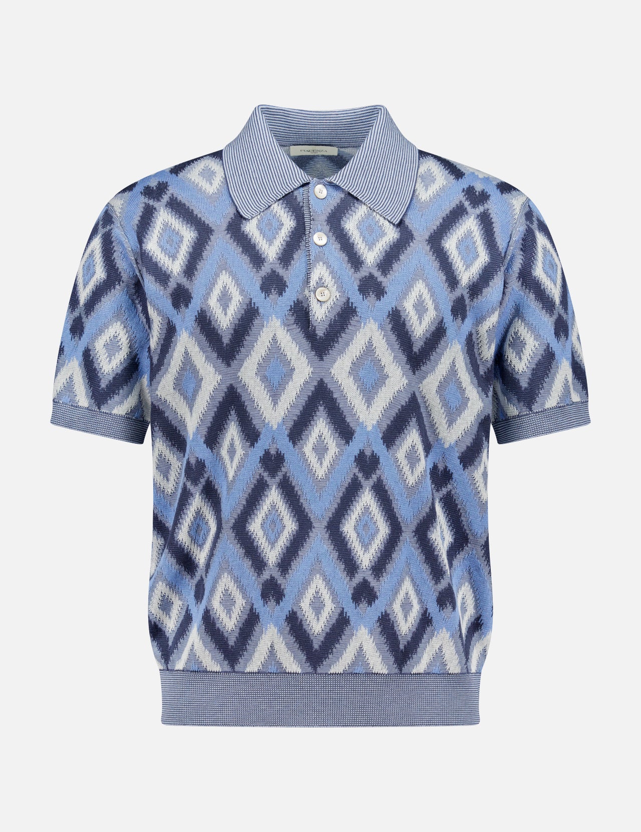 The PIACENZA Diamond Shaped Print Knit Polo Shirt features a short-sleeve design with a blue, white, and navy geometric diamond pattern, ribbed collar, cuffs, and hem, and a three-button placket. Expertly made in Italy.