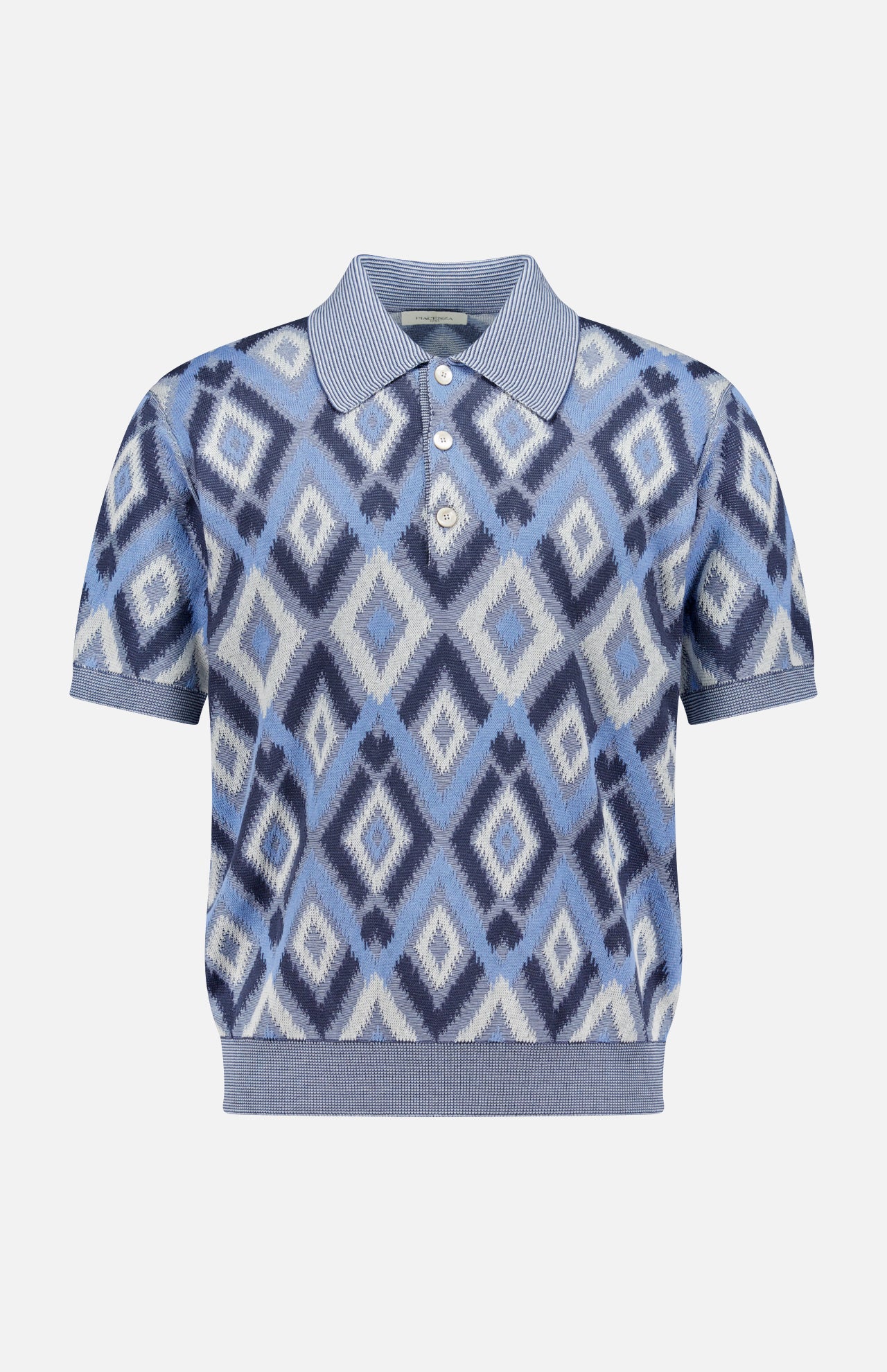 The PIACENZA Diamond Shaped Print Knit Polo Shirt features a short-sleeve design with a blue, white, and navy geometric diamond pattern, ribbed collar, cuffs, and hem, and a three-button placket. Expertly made in Italy.