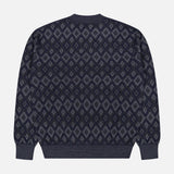 PIACENZA Icon Argyle Stitch Cardigan in navy blue with light blue and gray geometric diamonds, displayed flat with the back facing up against a white background.