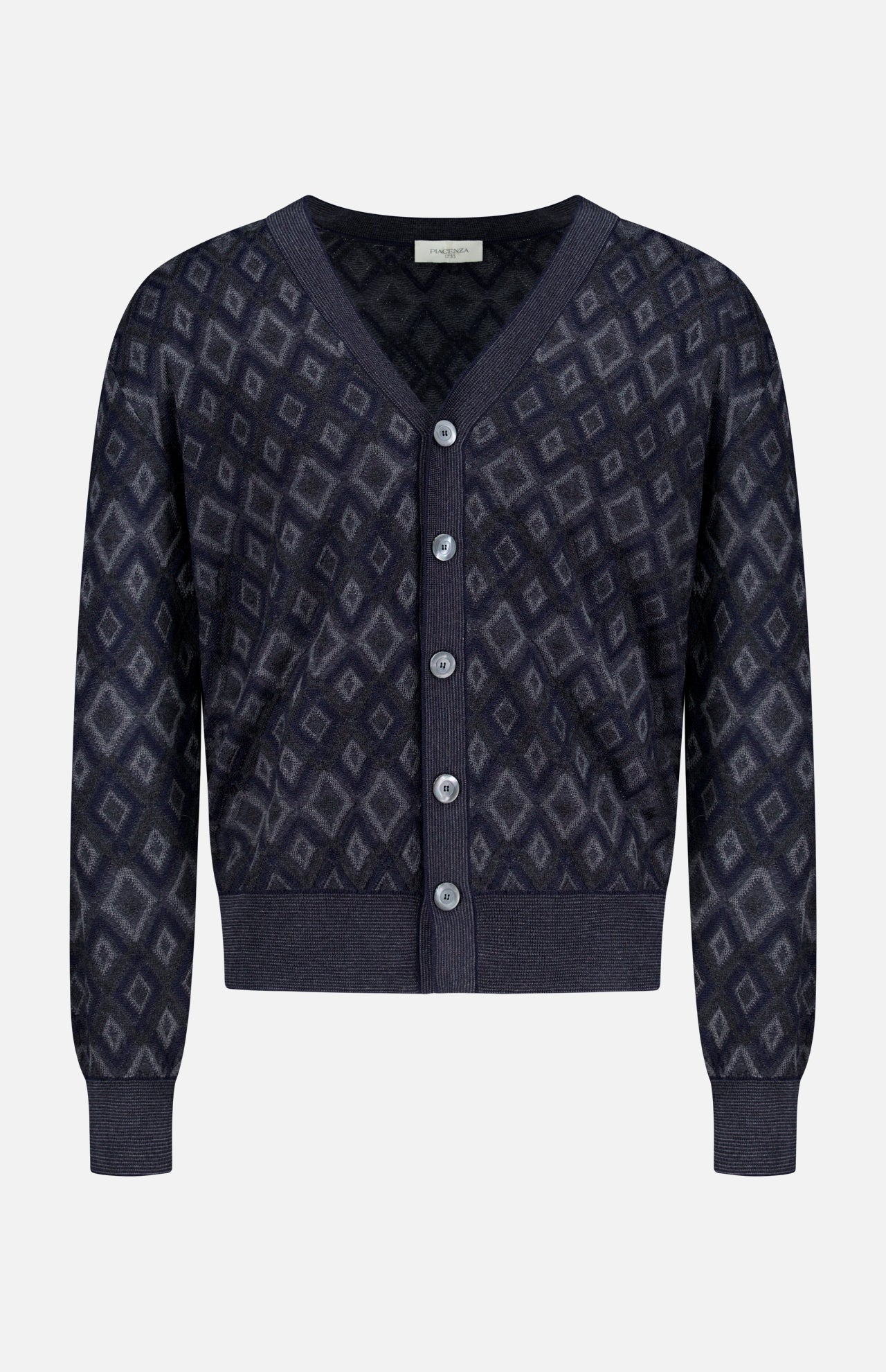 The Icon Argyle Stitch Cardigan by PIACENZA is a navy Italian wool V-neck with long sleeves, geometric diamond pattern, ribbed cuffs and hem, and five front buttons.