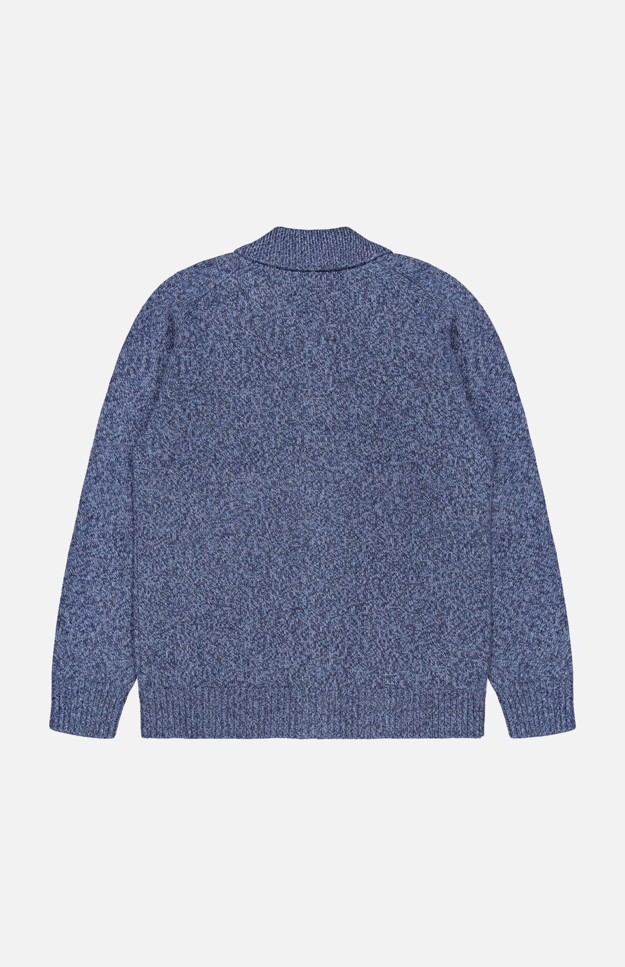 A blue PIACENZA Plain Stitch Knit Full Zip Jacket is laid flat, back side up. It features long sleeves, a ribbed collar, hem, and cuffs, textured wool fabric, and is made in Italy.