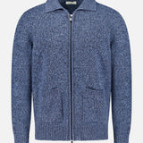 The PIACENZA Plain Stitch Knit Full Zip Jacket is a blue Italian-made zip-up with a collar, ribbed cuffs and hem, and two front pockets, shown on a plain white background.