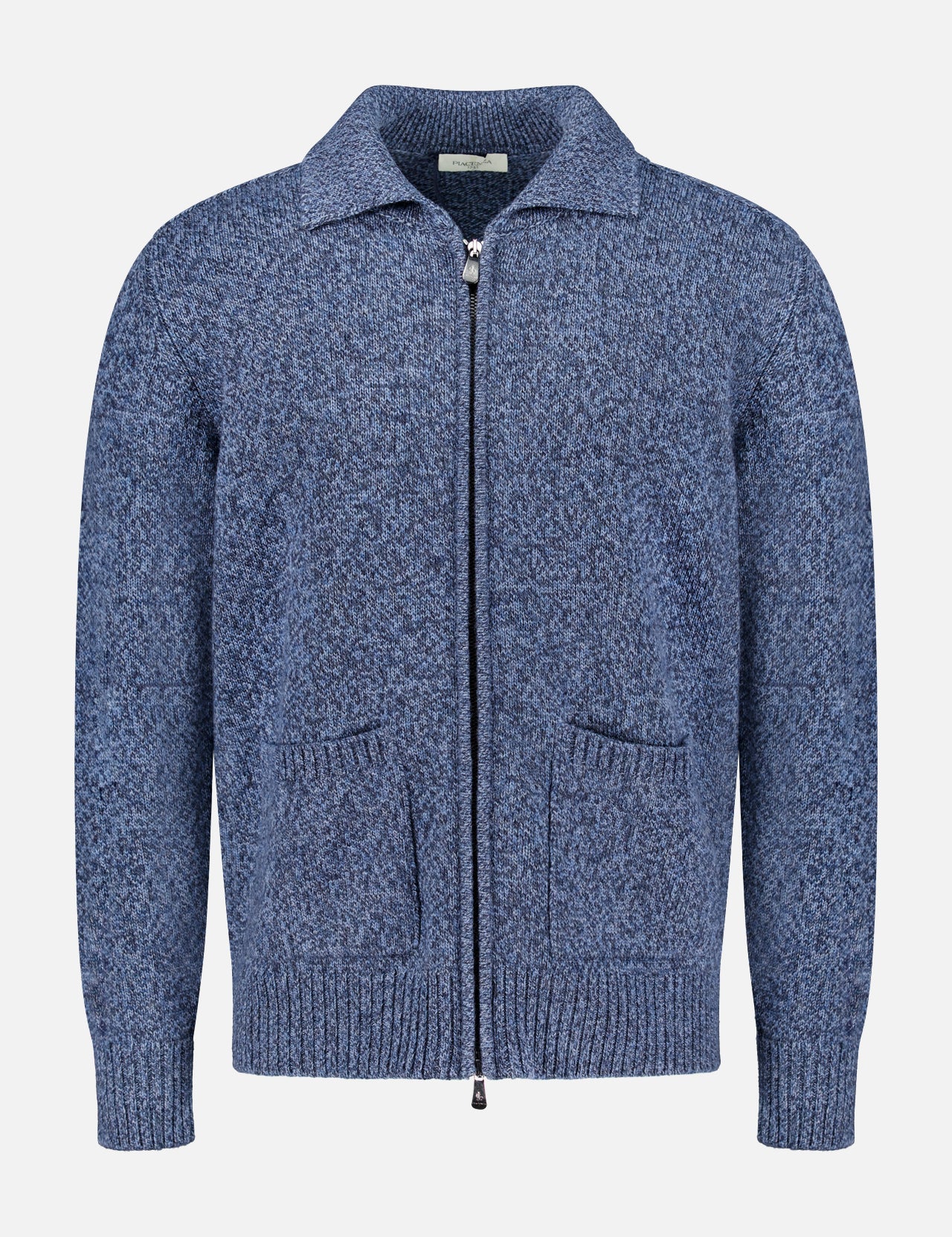 The PIACENZA Plain Stitch Knit Full Zip Jacket is a blue Italian-made zip-up with a collar, ribbed cuffs and hem, and two front pockets, shown on a plain white background.