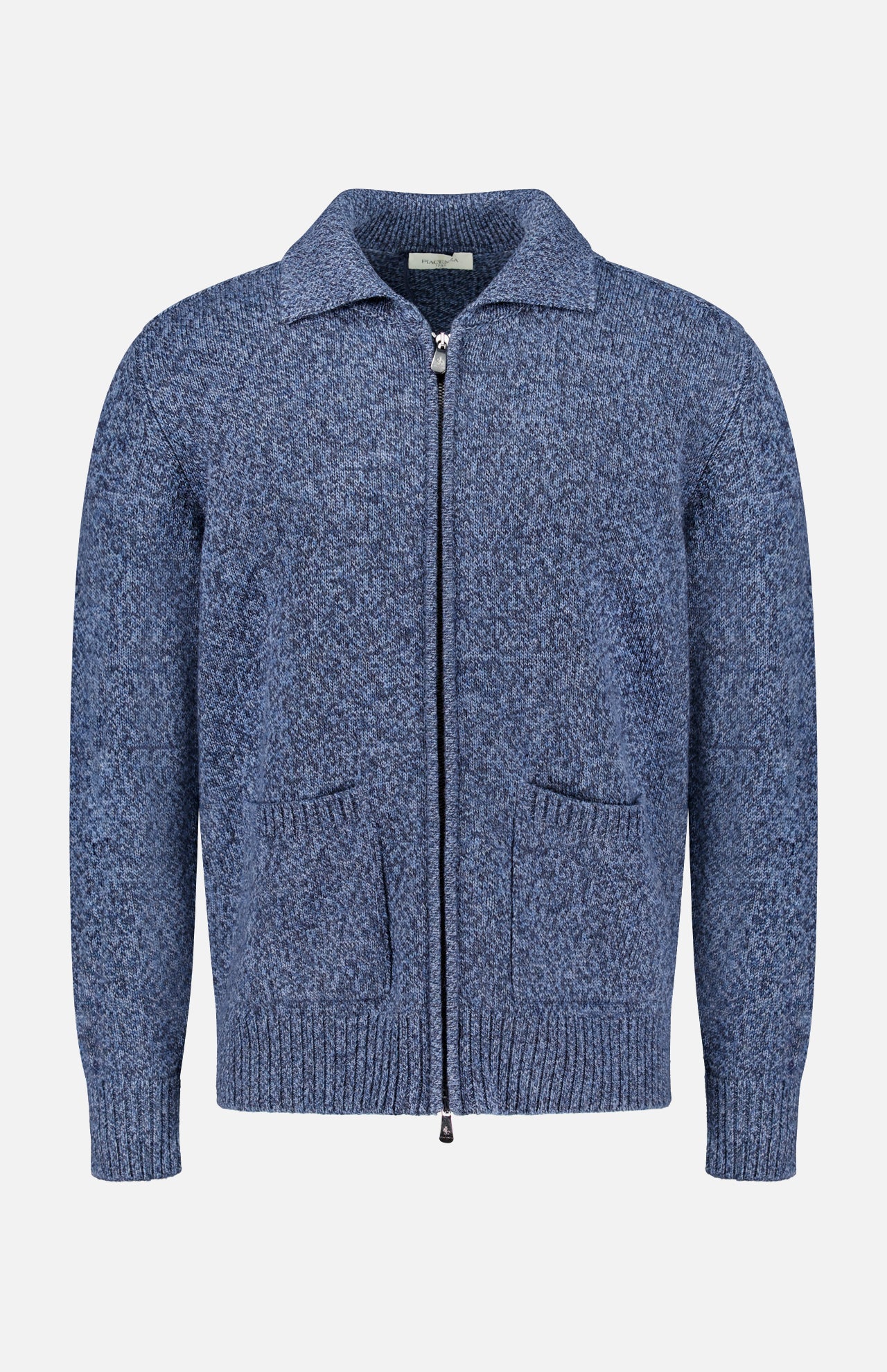 The PIACENZA Plain Stitch Knit Full Zip Jacket is a blue Italian-made zip-up with a collar, ribbed cuffs and hem, and two front pockets, shown on a plain white background.