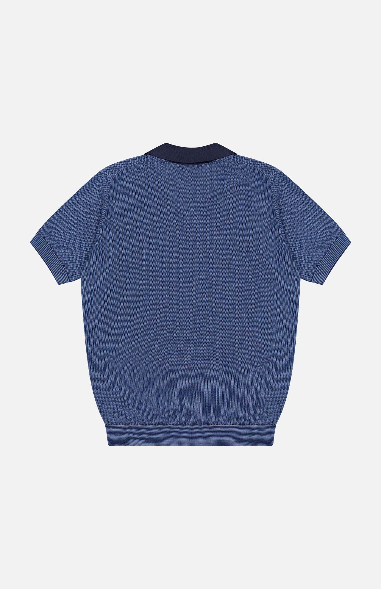 The Sailor Johnny Collar Polo Sweater by PIACENZA, shown from the back against a white background, features a blue ribbed knit texture, ribbed cuffs and hem, and is crafted from a soft silk cotton blend.