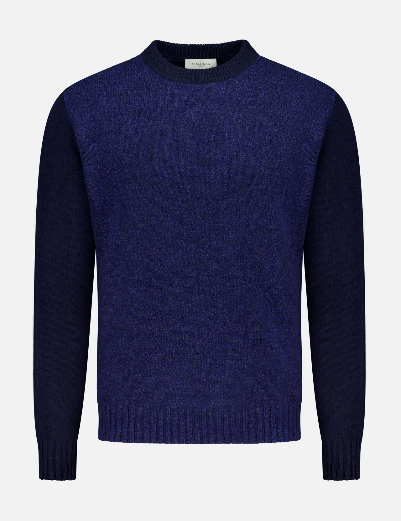 The PIACENZA Solid Mouliné Color Block Crewneck Sweater in navy wool-cashmere features a lighter blue textured front, long sleeves, and ribbed cuffs and waistband, shown on a white background.