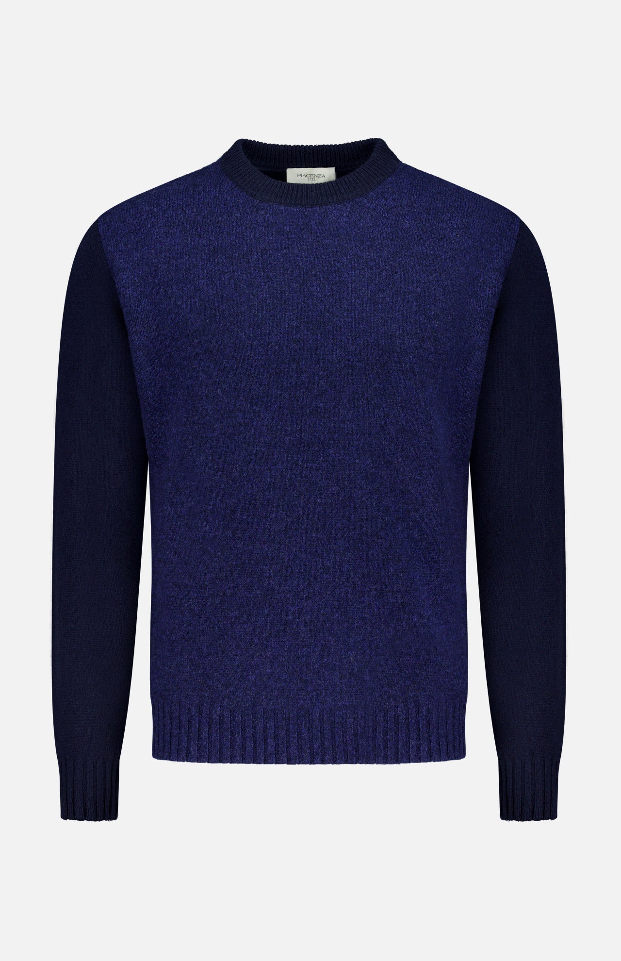The PIACENZA Solid Mouliné Color Block Crewneck Sweater in navy wool-cashmere features a lighter blue textured front, long sleeves, and ribbed cuffs and waistband, shown on a white background.