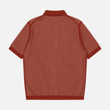 Back view of the PIACENZA Striped Knit Short Sleeve Button Up Polo Shirt in rust with vertical beige pinstripes and a collar, shown on a plain white background. Made in Italy.