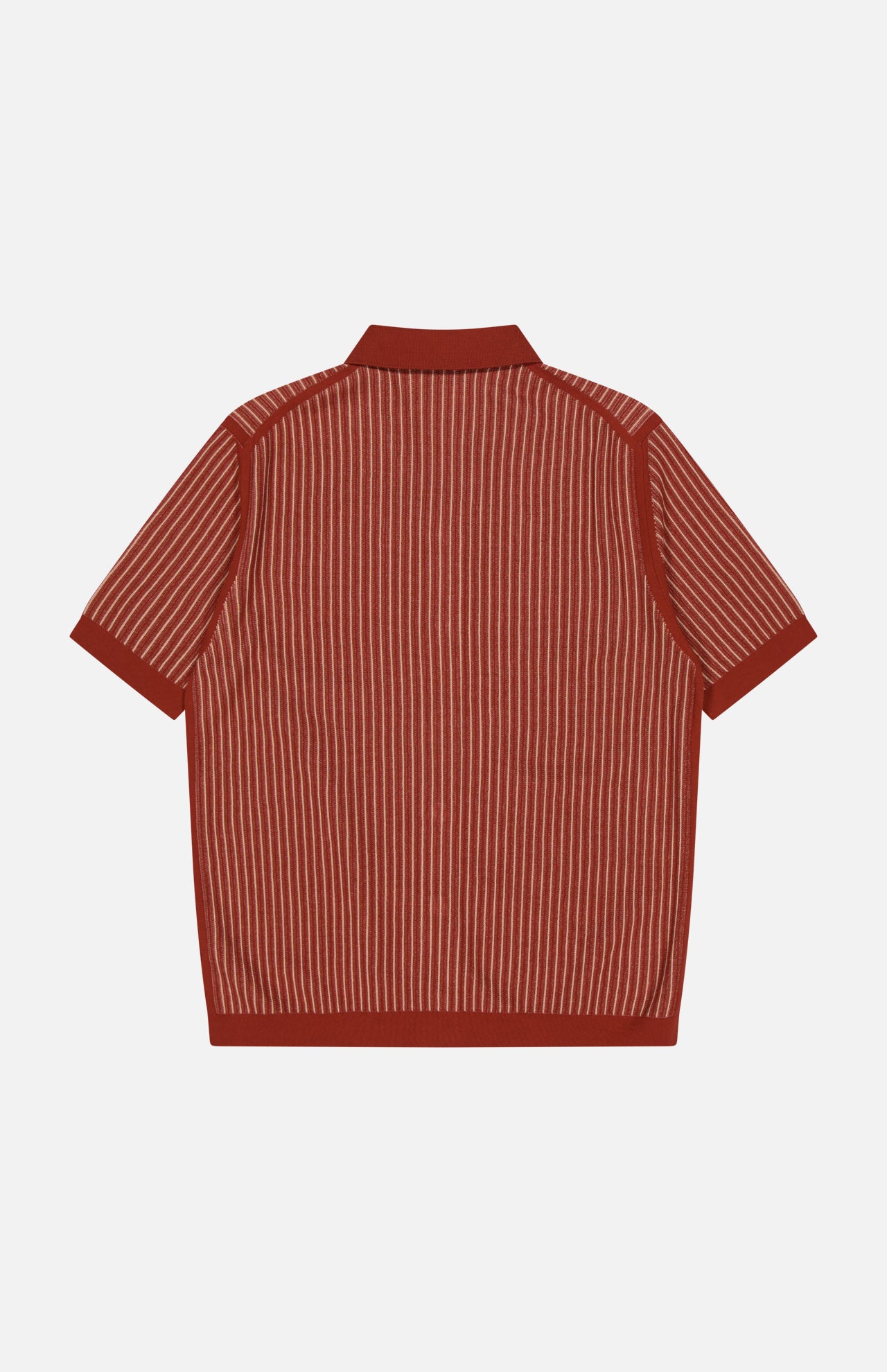 Back view of the PIACENZA Striped Knit Short Sleeve Button Up Polo Shirt in rust with vertical beige pinstripes and a collar, shown on a plain white background. Made in Italy.
