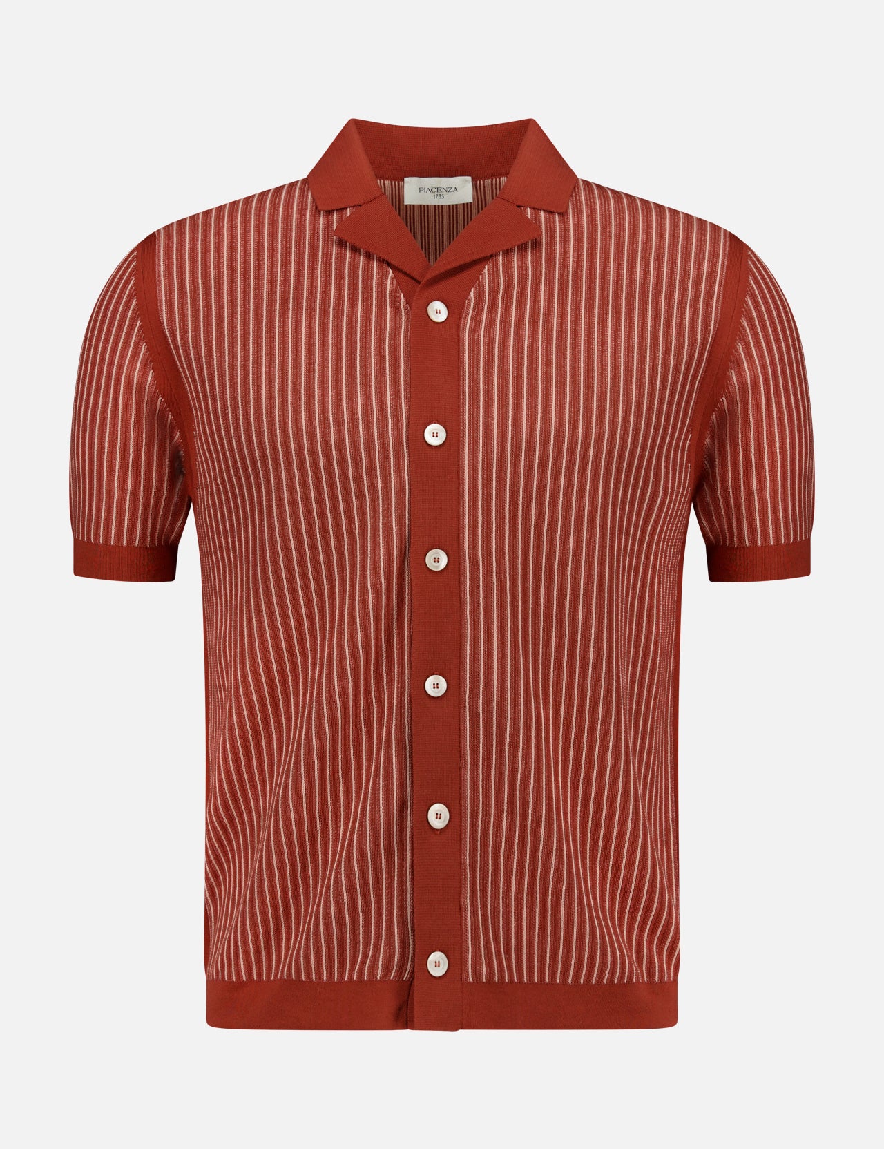The PIACENZA Striped Knit Short Sleeve Button Up Polo Shirt in rust red features thin vertical white stripes, a collar, and white buttons, shown against a plain white background.