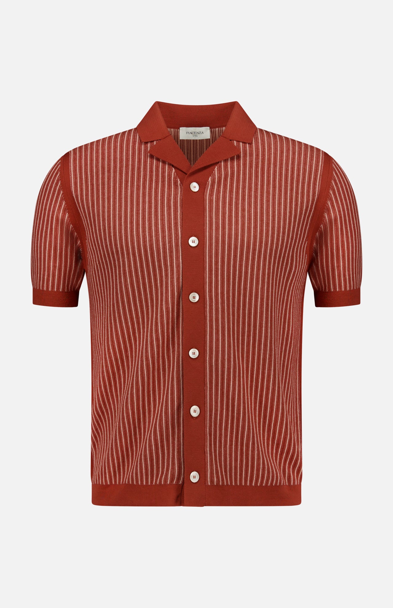 The PIACENZA Striped Knit Short Sleeve Button Up Polo Shirt in rust red features thin vertical white stripes, a collar, and white buttons, shown against a plain white background.
