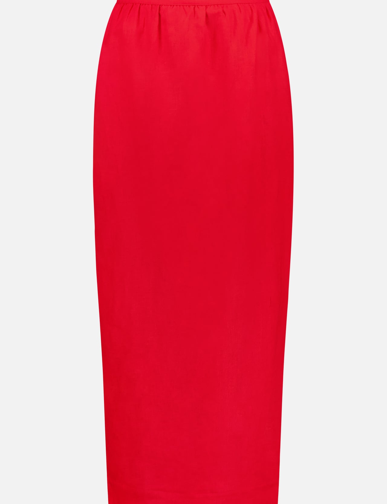 The POSSE Bonnie Linen Pencil Skirt is a bright lipstick red, knee-length skirt with a fitted high waist and simple straight cut, shown against a plain white background. It has no visible patterns or embellishments.