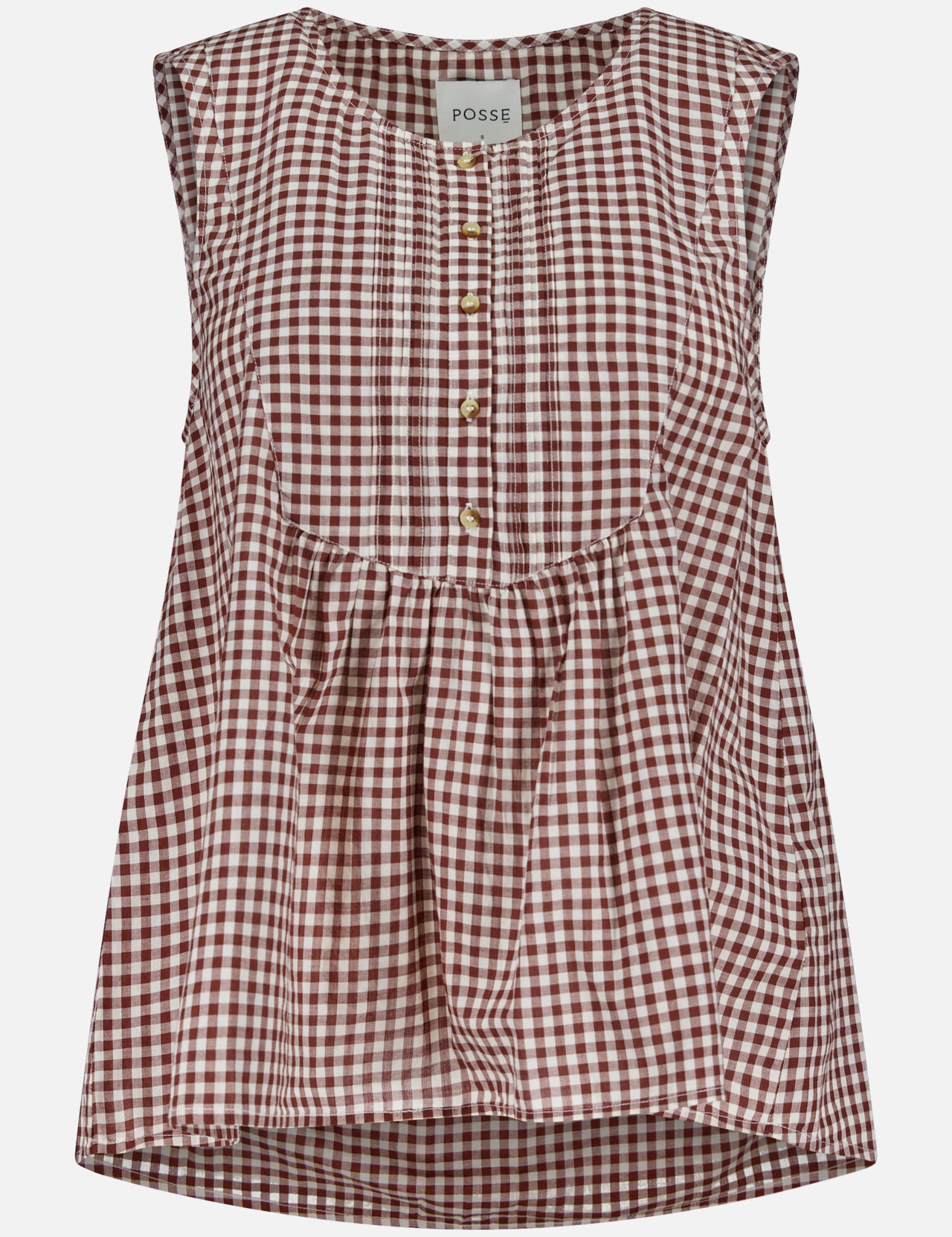 The Callie Relaxed Gingham Blouse by POSSE is a sleeveless mocha cotton top with a round neckline, buttoned front placket, loose fit, chest gathering, and an inner POSSE label.