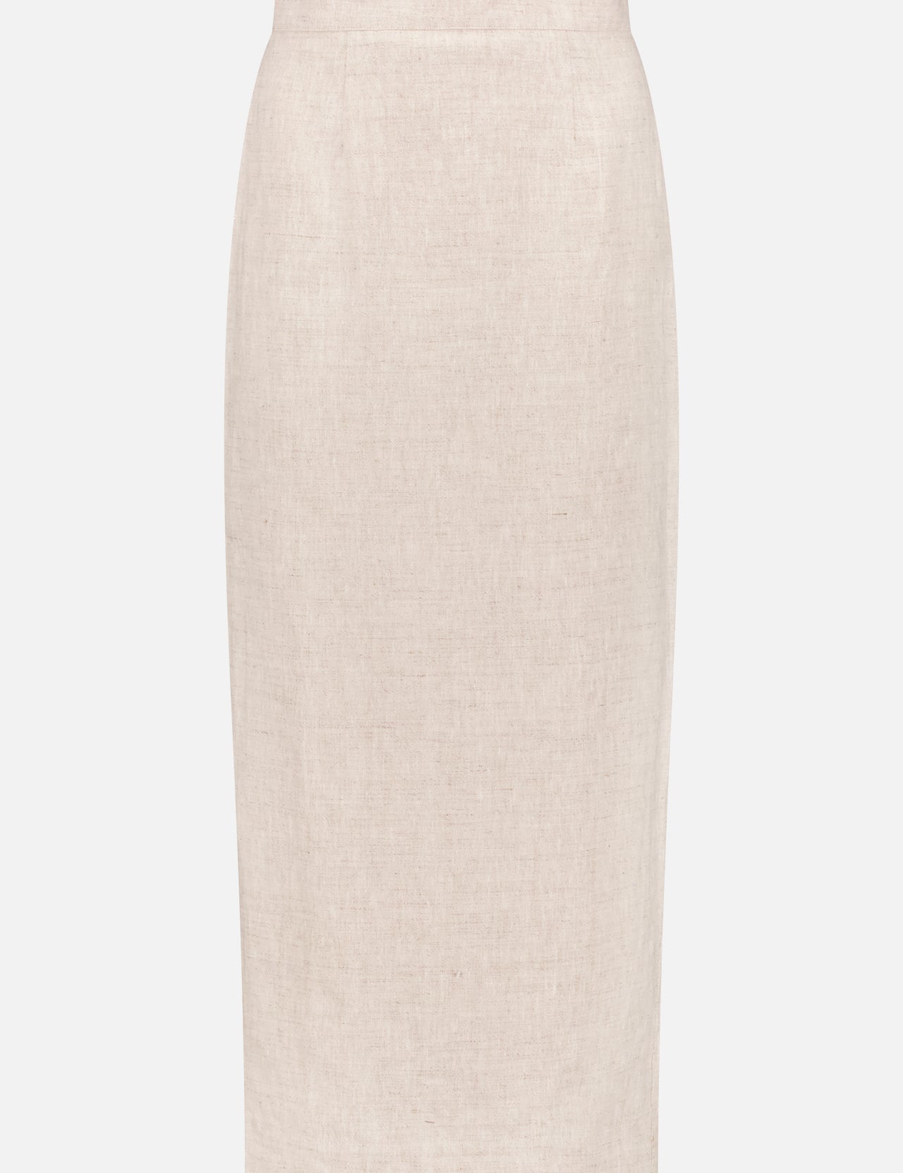The Emma Pencil Skirt by POSSE is a beige, high-rise, knee-length linen skirt with a back slit, shown against a plain white background.