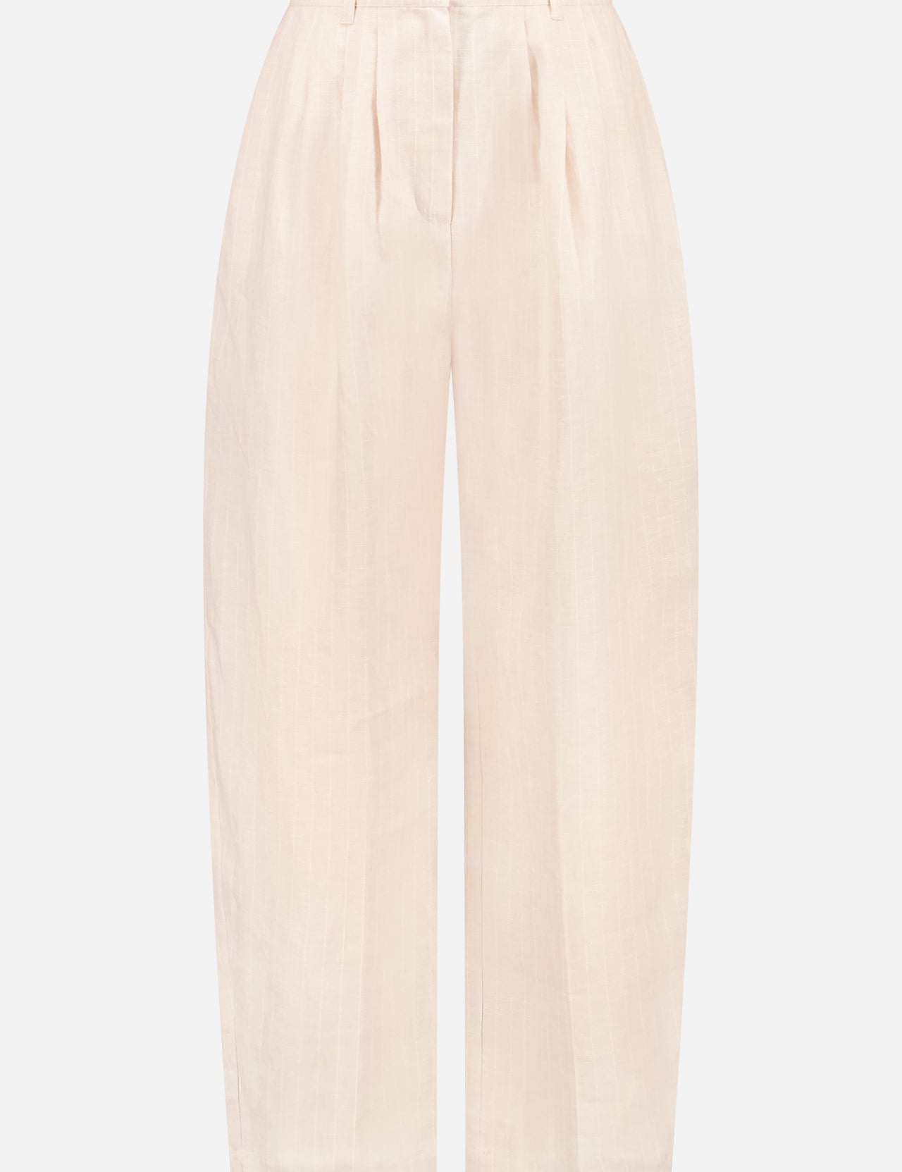 The POSSE Lucille Stripe Linen Trouser features wide legs, a high-rise waistband with pleats, front zip and button closure, and ankle-length straight cuffs. Perfect for spring-summer sets. Shown on a plain white background.
