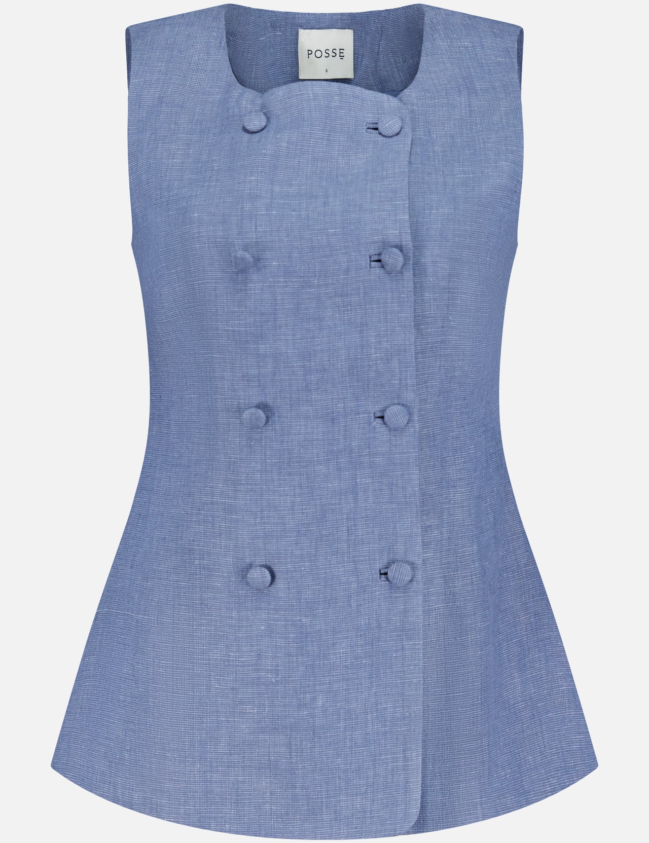 The Thea Linen Double Breasted Vest by POSSE features a sleeveless blue design with a tailored fit, round neckline, six covered buttons, and double-breasted front. The background is plain white.