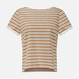 Maeve Baby T-shirt in cream, brown, and orange, featuring a vintage-inspired short-sleeve crewneck design with delicate lace trim on the sleeves.