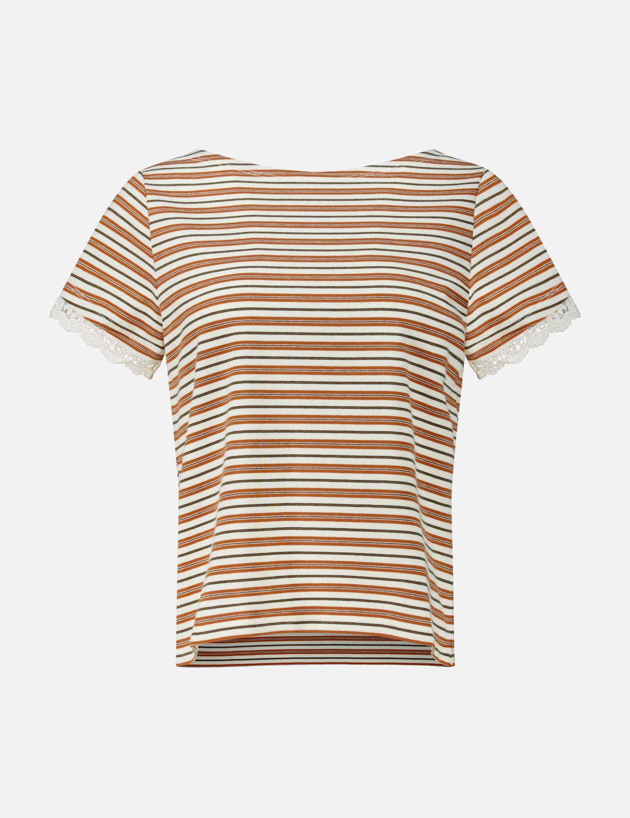 Maeve Baby T-shirt in cream, brown, and orange, featuring a vintage-inspired short-sleeve crewneck design with delicate lace trim on the sleeves.
